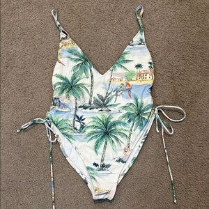 Zara Green and Blue One Piece Swimsuit with Tropical Print